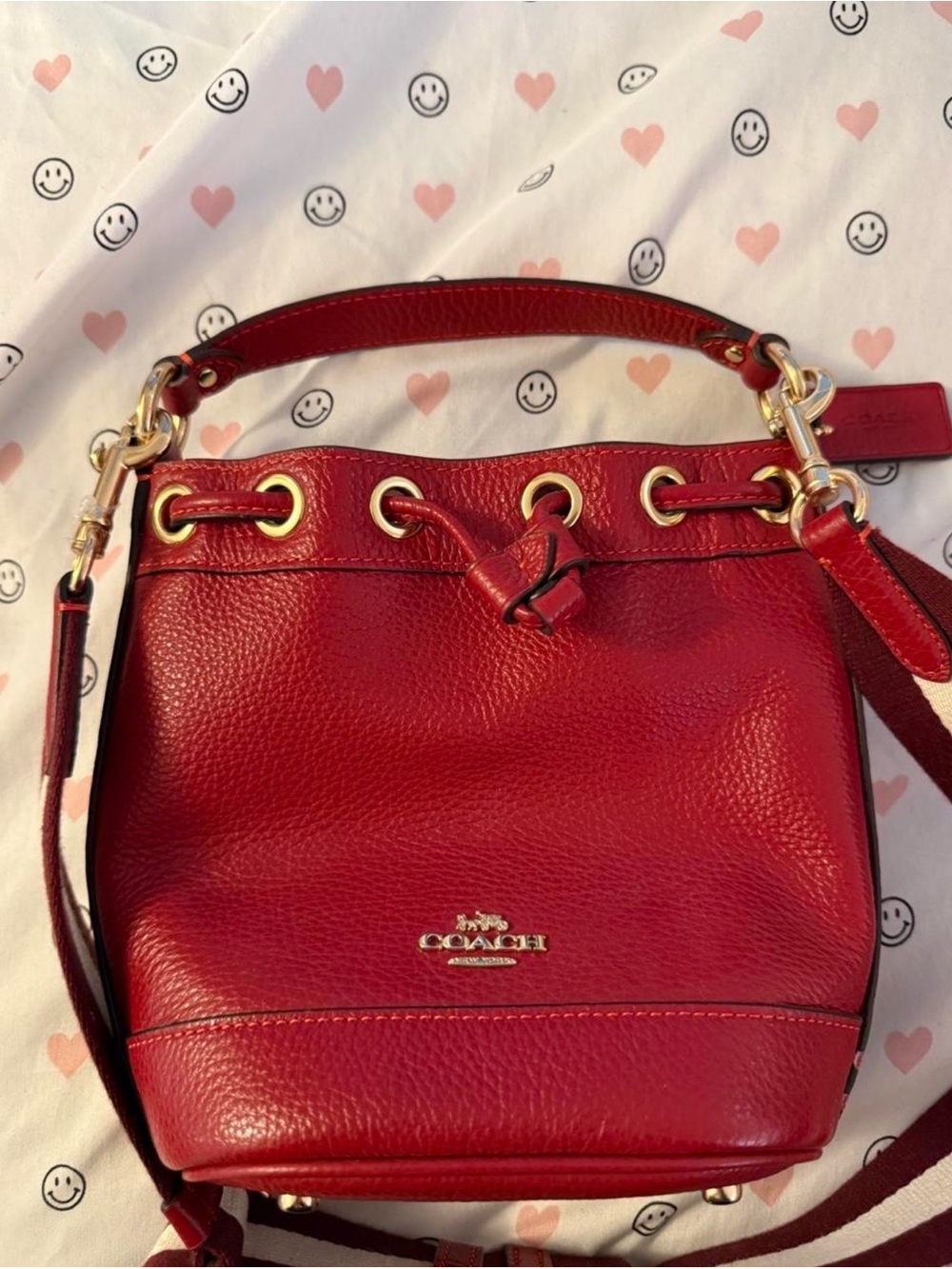 Coach Red Pebbled Leather Drawstring Bucket Shoulder Bag